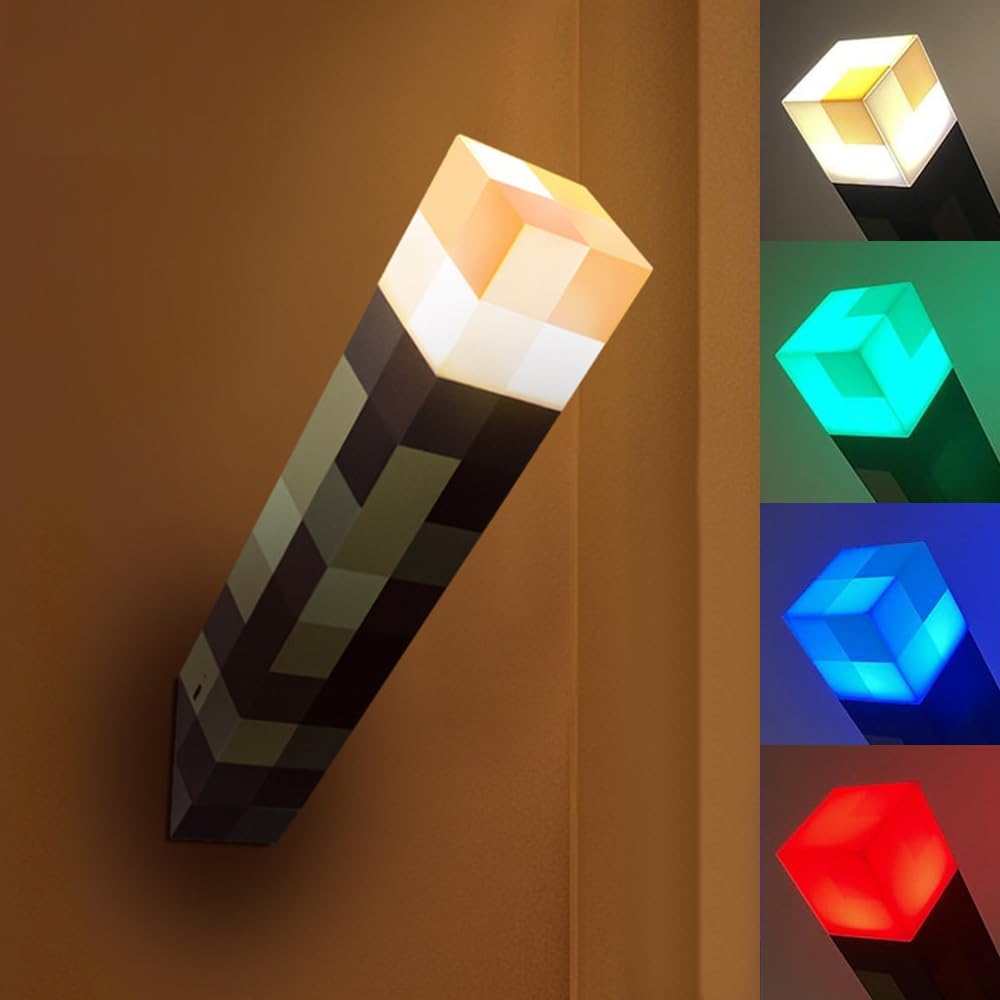 4 Farben Wall Fackel Nachtlicht, 28cm Lampe Fackel Wandlampe, Lampe Fackel beleuchtung mit Sound und Haken, USB wiederaufladbar für 3D Kinderzimmer Gaming Room, Decoration