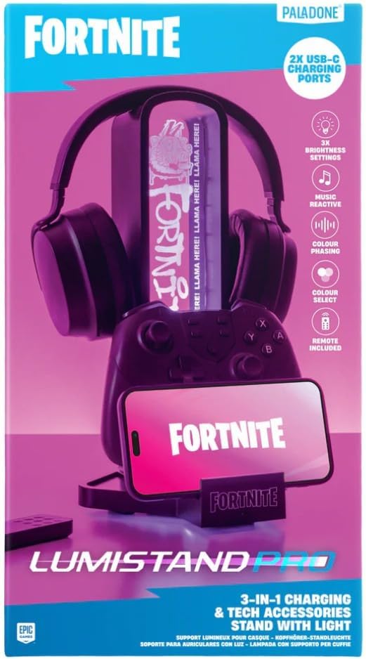 Fortnite 3-in-1 Kopfhörerständer und Technik-Ladestation mit Konsolen-Controller-Halterung und 2 USB-C-Ports, RGB-Farbwechsel-Lichtpanel, offiziell Lizenziertes Geschenk für Gamer | Paladone ...