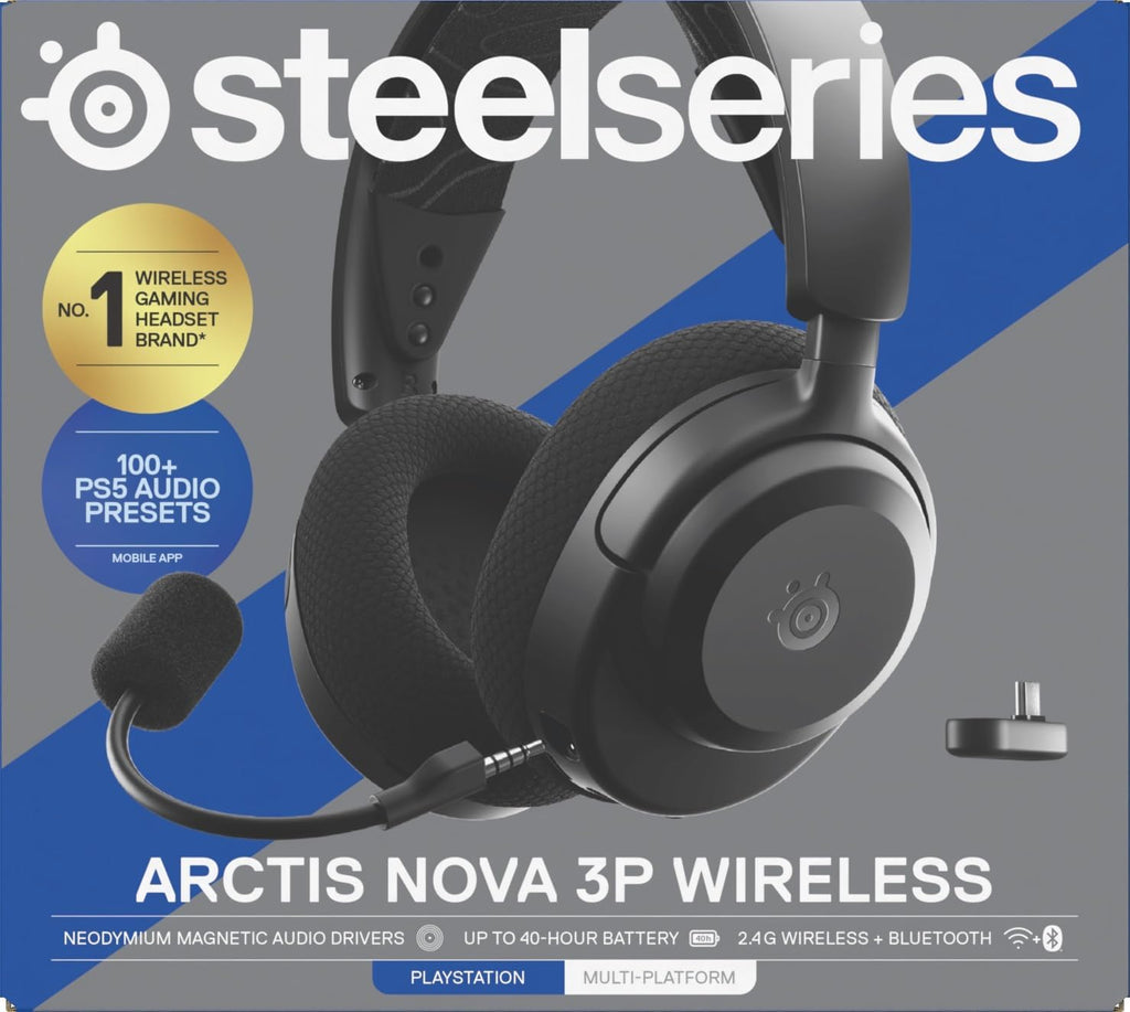 SteelSeries Arctis Nova 3P Wireless - PS5 Headset & PC Gaming Headset – App-Steuerung – 40 Std. Akku – Neodym-Magnet-Treiber – 2,4 GHz/Bluetooth – Abnehmbares Mikrofon – Für PS5, PC, Switch - Schwarz