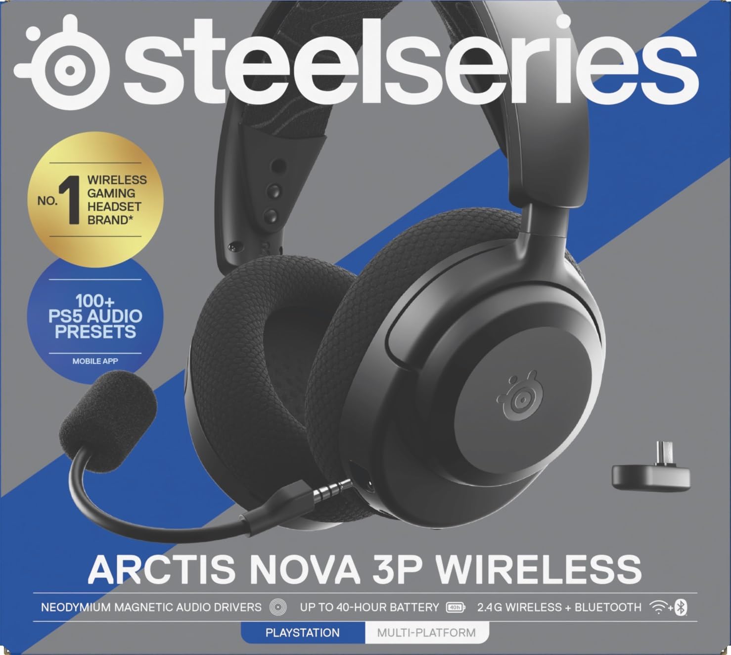 SteelSeries Arctis Nova 3P Wireless - PS5 Headset & PC Gaming Headset – App-Steuerung – 40 Std. Akku – Neodym-Magnet-Treiber – 2,4 GHz/Bluetooth – Abnehmbares Mikrofon – Für PS5, PC, Switch - Schwarz