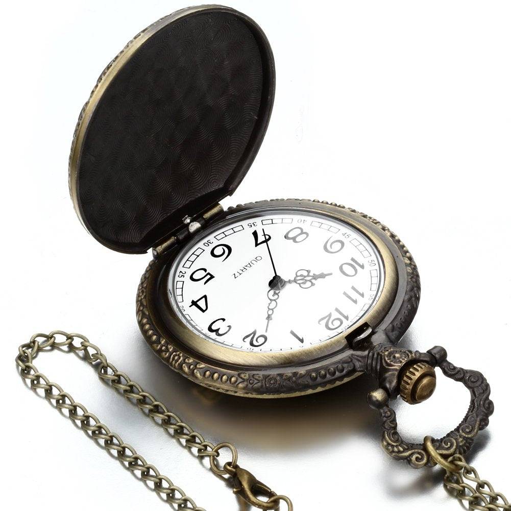 JewelryWe Taschenuhr Herren Damen Vintage: Retro Analog Quarz Kettenuhr Uhr Umhängeuhr mit Halskette Kette Pocket Watch Bronze Unisex Geschenk