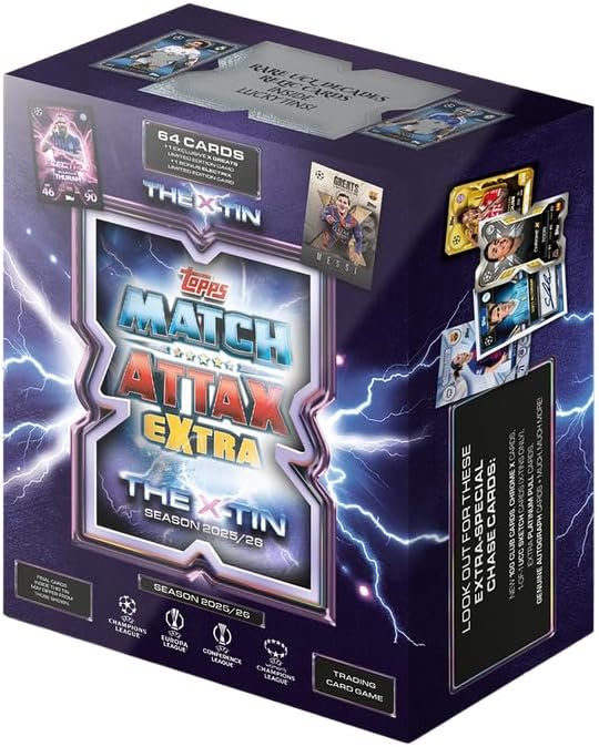 Topps UCC Match Attax Extra 2026 – X Tin – enthält 64 Karten plus eine X Greats LE Karte und eine Bonus Electrix LE Karte.