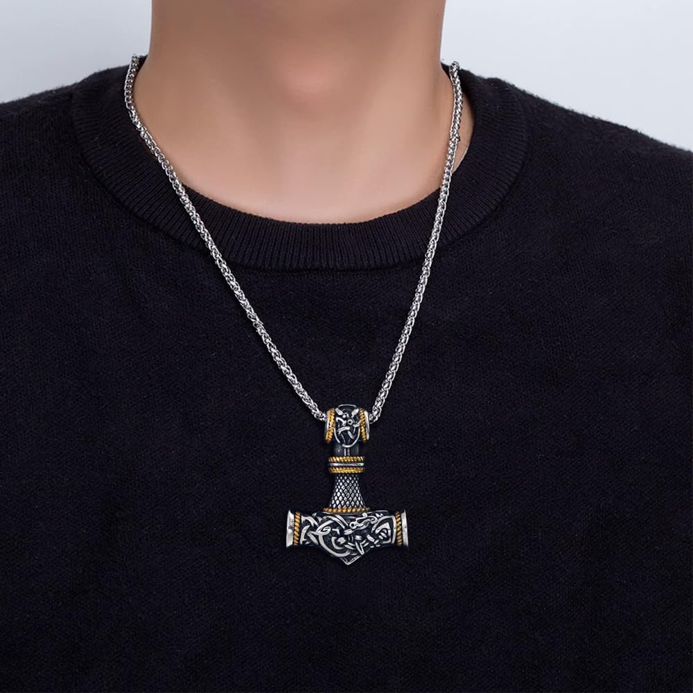 Thor Hammer Anhänger, Wikinger Kette für Herren, Keltischer Knoten, 60cm Kette