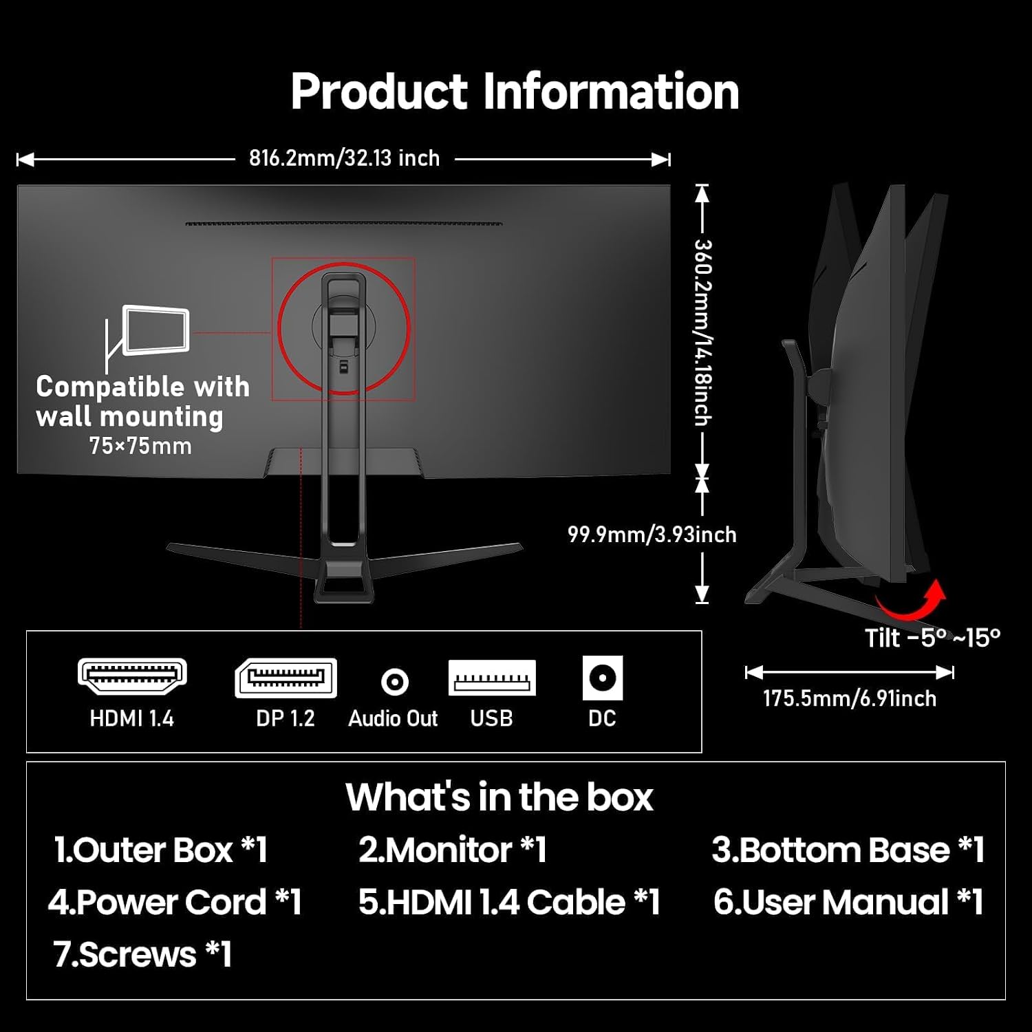 Gawfolk UltraWide Monitor 34 Zoll IPS, Gaming PC Bildschirm 120Hz DFHD(2560×1080P), 21:9 Rahmenloses Computerbildschirm mit FreeSync, HDMI, DisplayPort, VESA 75 * 75mm, Schwarz
