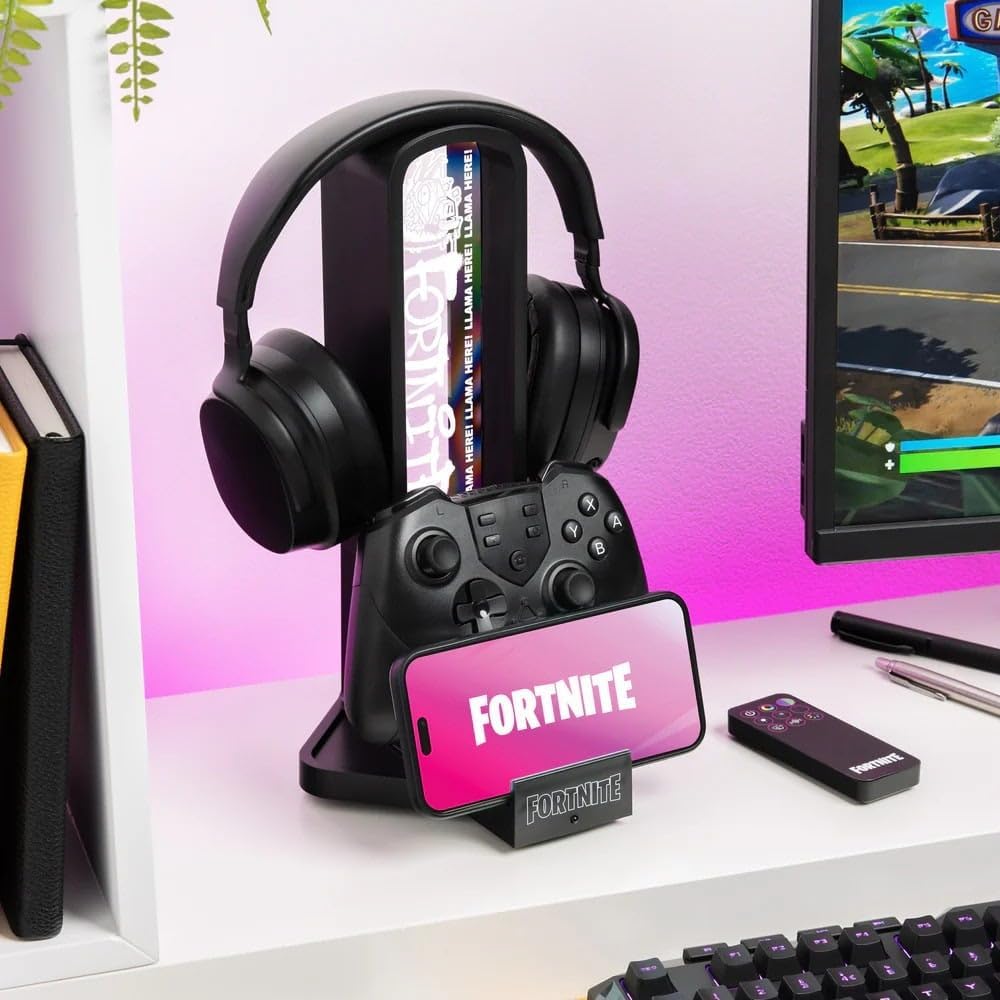 Fortnite 3-in-1 Kopfhörerständer und Technik-Ladestation mit Konsolen-Controller-Halterung und 2 USB-C-Ports, RGB-Farbwechsel-Lichtpanel, offiziell Lizenziertes Geschenk für Gamer | Paladone ...