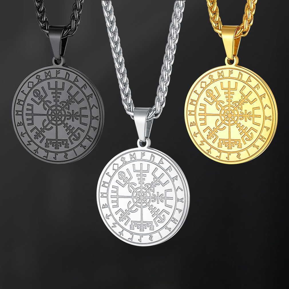 FaithHeart Wikingerhalskette für Herren, Vegvisir-Kompass, Edelstahl, Kette 55 + 5 cm, nordischer Mythologie-Schmuck