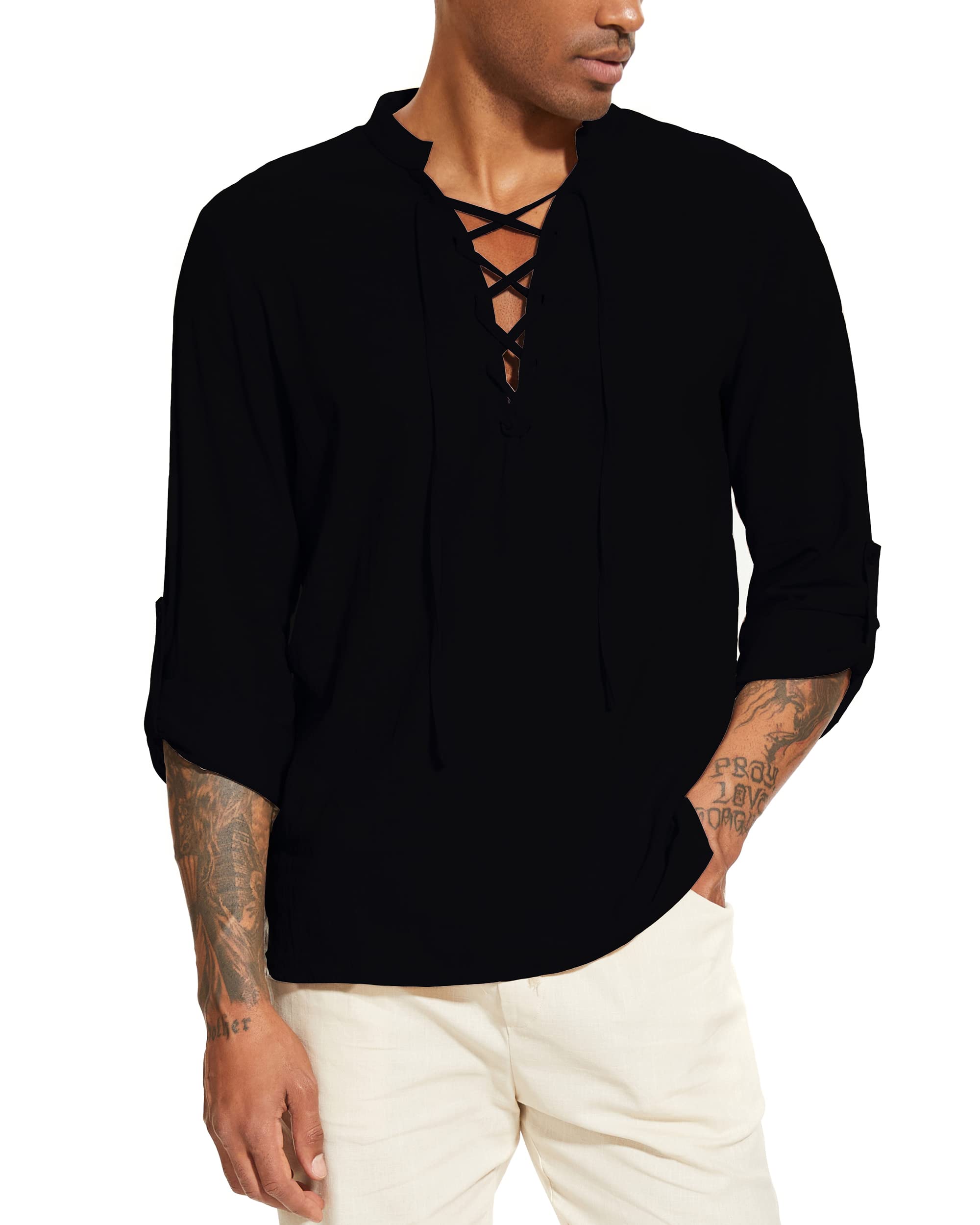 LUYANA Leinenhemd Herren Langarm Freizeithemd Ghillie Kilt Shirt