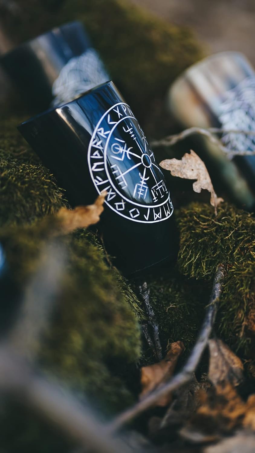 Hornbecher Vegvisir - Gravierter Becher aus Horn - Trinkhorn für Wikinger Met, 1 Stück (1er Pack), Schwarz