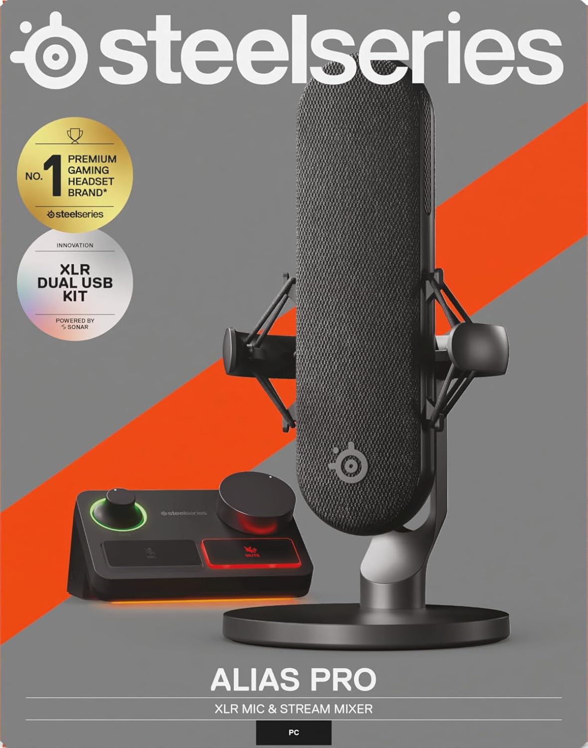 SteelSeries Alias Pro Kit – XLR-Mikrofon + Stream-Mixer – 3 Mal größere Kapsel fürs Gaming, Streaming und Podcasting – USB/XLR-Schnittstelle – Benutzerdefinierte Steuerung – RGB – Einzel- oder Dual-PC