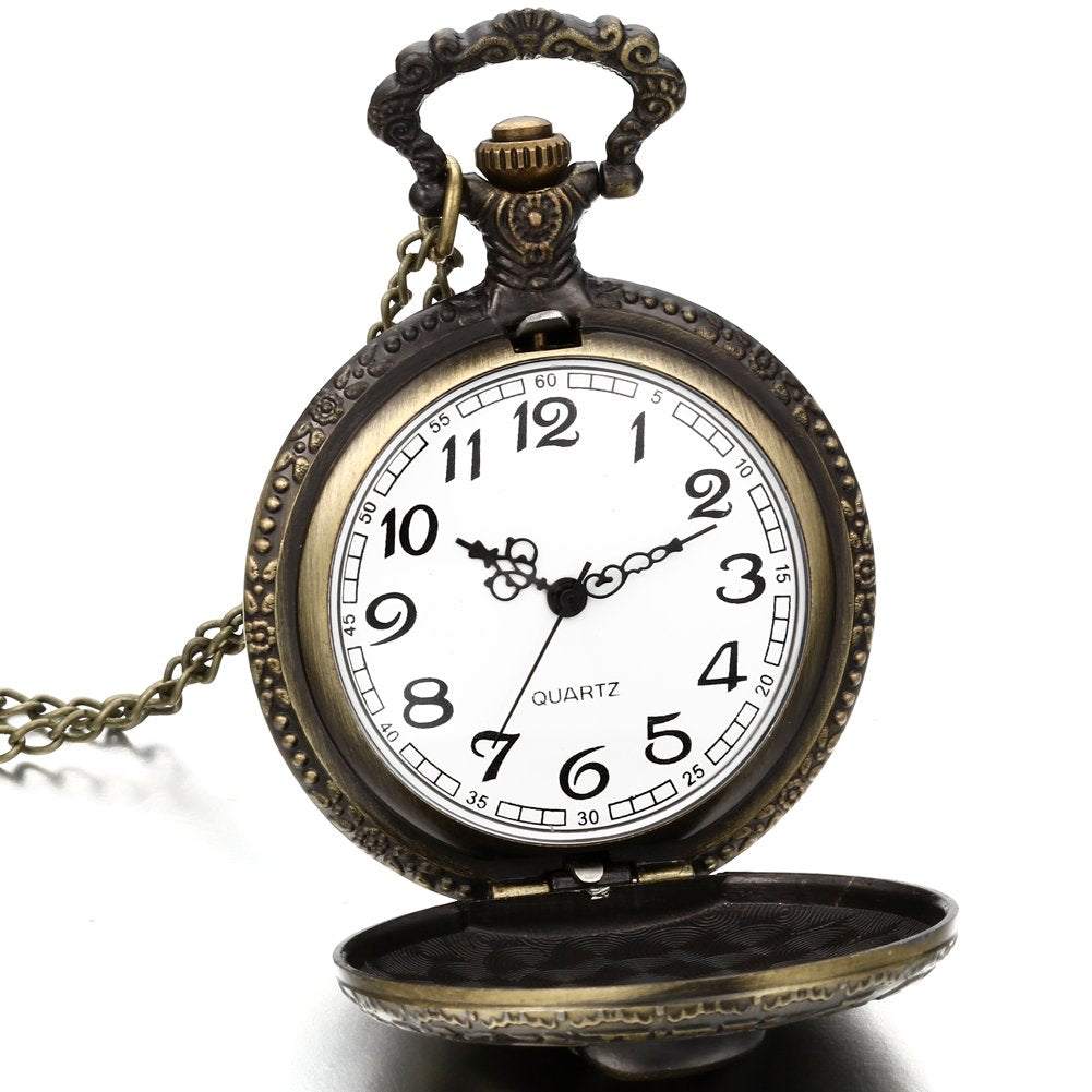 JewelryWe Taschenuhr Herren Damen Vintage: Retro Analog Quarz Kettenuhr Uhr Umhängeuhr mit Halskette Kette Pocket Watch Bronze Unisex Geschenk