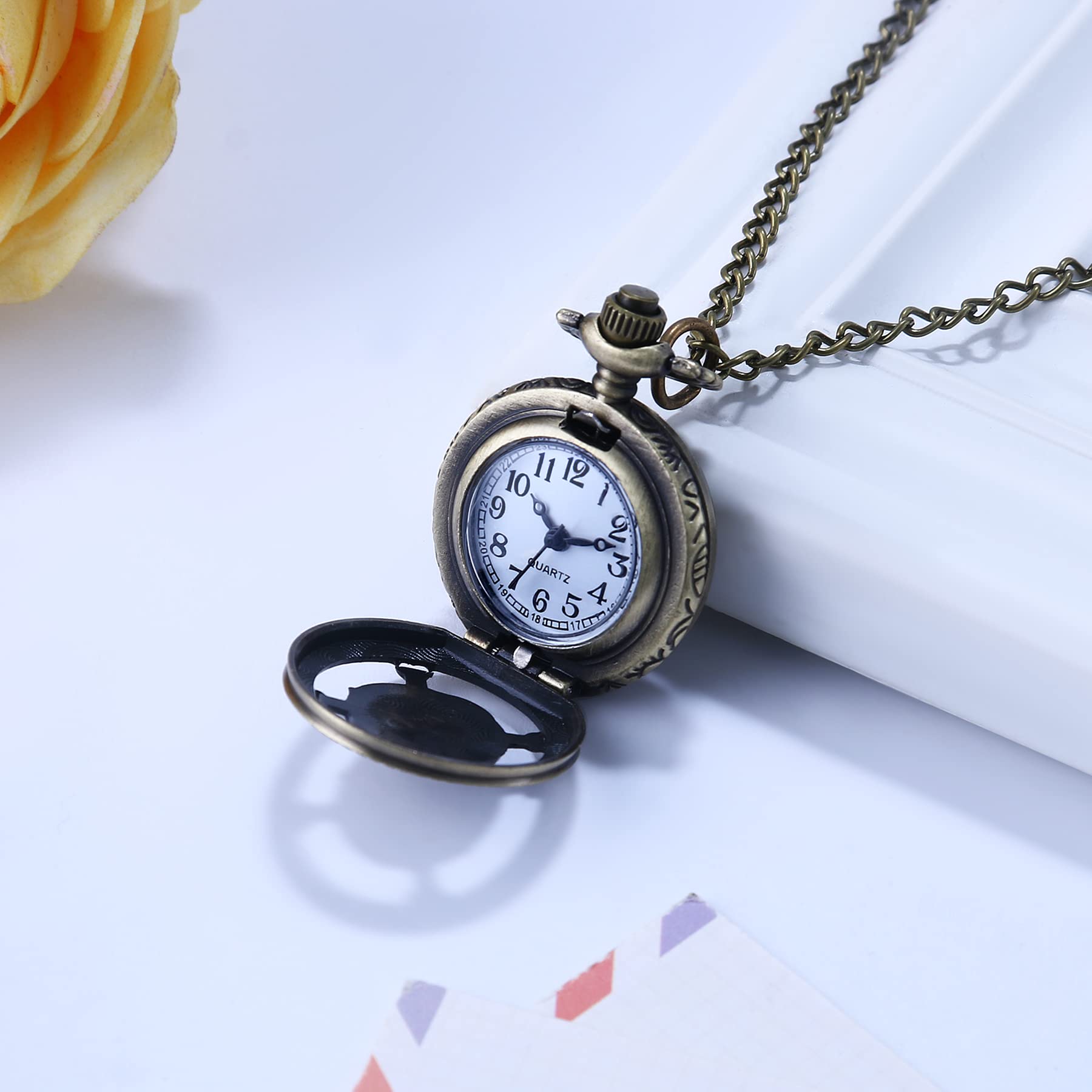 JewelryWe Taschenuhr Herren Damen Vintage: Retro Analog Quarz Kettenuhr Uhr Umhängeuhr mit Halskette Kette Pocket Watch Bronze Unisex Geschenk