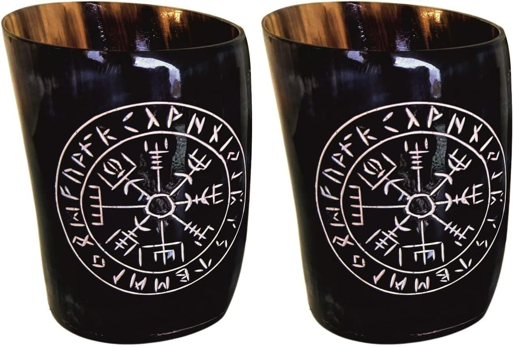 Hornbecher Vegvisir - Gravierter Becher aus Horn - Trinkhorn für Wikinger Met, 1 Stück (1er Pack), Schwarz