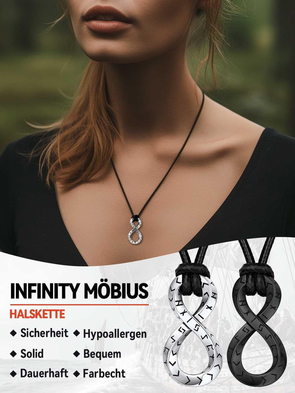FaithHeart Lederkette Herren Damen Leder Halskette Männer Kette mit Runen Anhänger Edelstahl Lederband mit Mobius Rund/Dreieck/Unendlichkeit Kunstleder Lederhalsband verstellbar Wikinger Schmuck