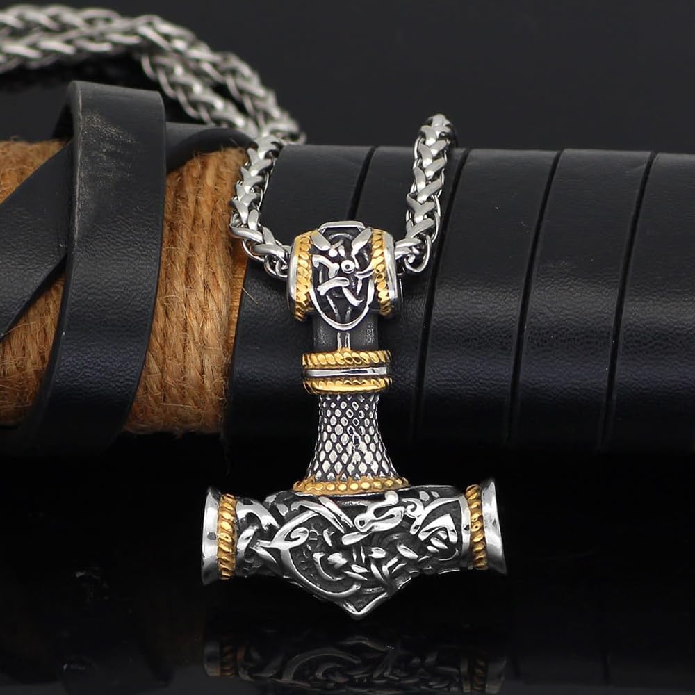 Thor Hammer Anhänger, Wikinger Kette für Herren, Keltischer Knoten, 60cm Kette