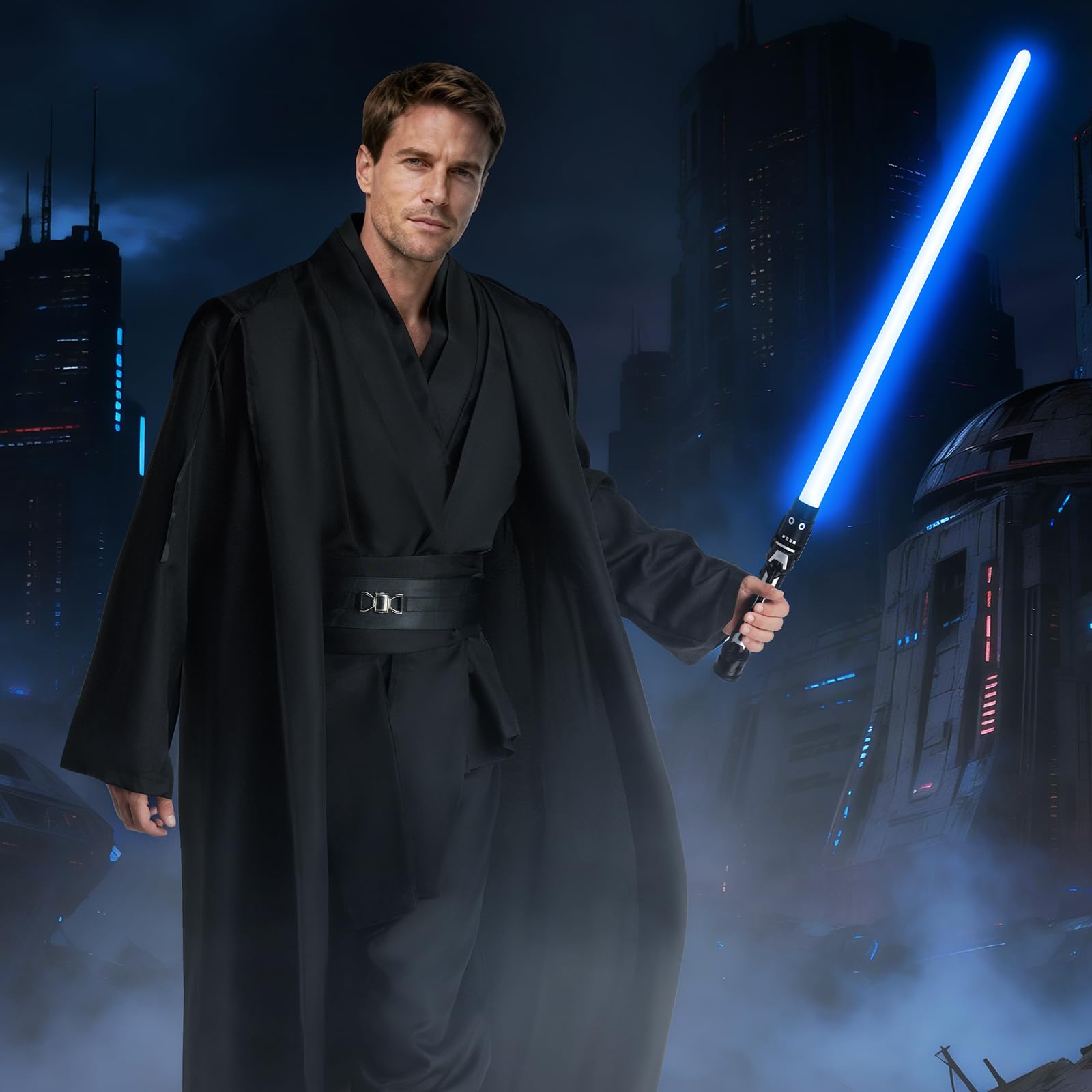 jedi-Kostüm Herren, jedi-Robe Herren Set jedis-Outfit Erwachsene jedis-Kleidung Erwachsene mit Blau Lightsaber, Kapuzenumhang und Mittelalter Tunika für Halloween, Karneval