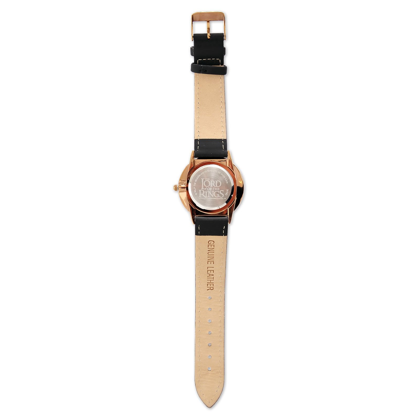 Elbenwald Herr der Ringe Armbanduhr mit elbischer Inschrift des einen Rings mit Echtlederarmband für Herren schwarz Gold