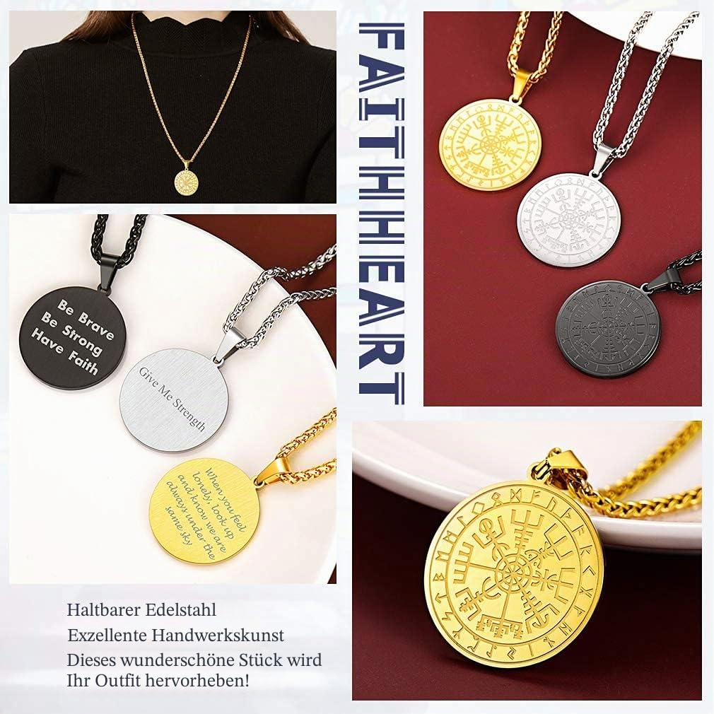 FaithHeart Wikingerhalskette für Herren, Vegvisir-Kompass, Edelstahl, Kette 55 + 5 cm, nordischer Mythologie-Schmuck