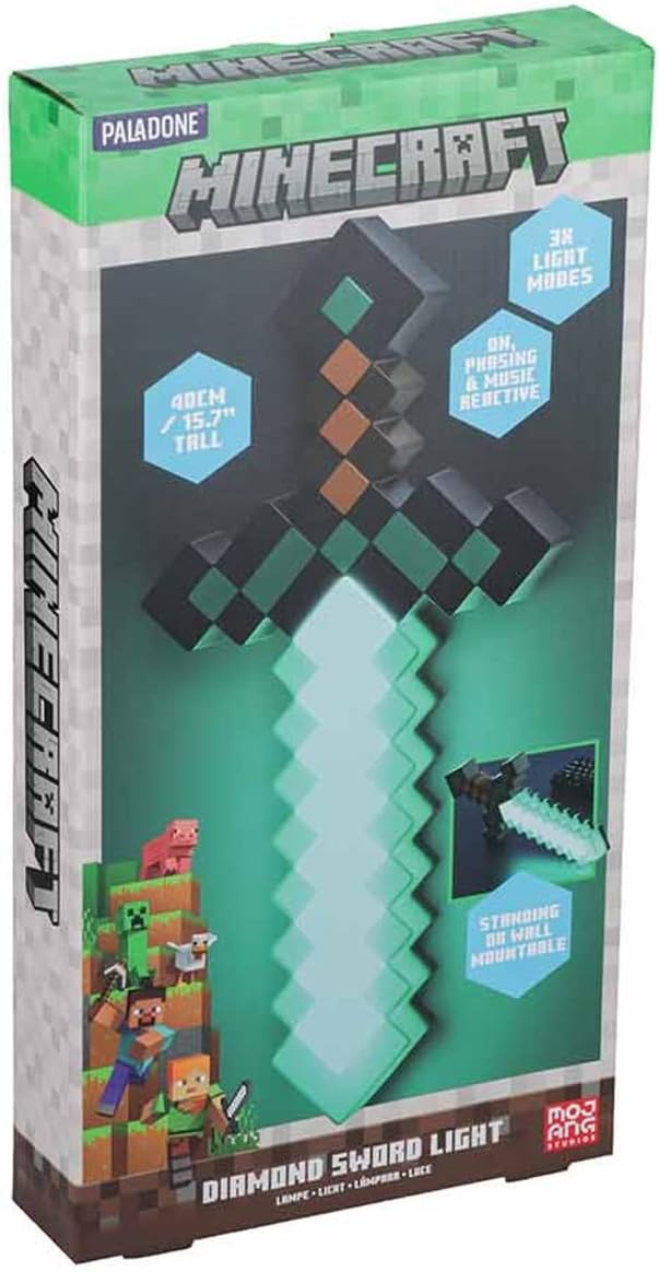 Minecraft Diamantschwert Licht - Offiziell lizenziertes Merchandise, 3 dynamische Lichtmodi mit Sound-Reaktion, Gamer-Raum-Dekor & Sammlerstück, USB- oder batteriebetrieben