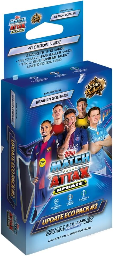 Topps UCC Match Attax 2025/26 - Update Eco Pack #2 - Star Ballers - enthält 41 Cards, darunter 16 Exklusive Star-Baller-Cards und eine Supreme Talent LE