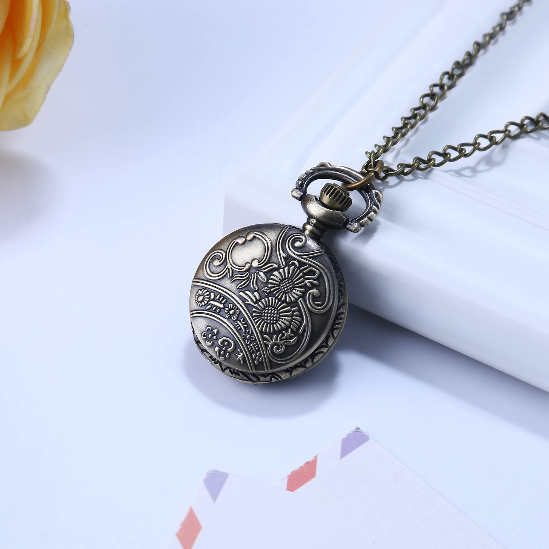 JewelryWe Taschenuhr Herren Damen Vintage: Retro Analog Quarz Kettenuhr Uhr Umhängeuhr mit Halskette Kette Pocket Watch Bronze Unisex Geschenk