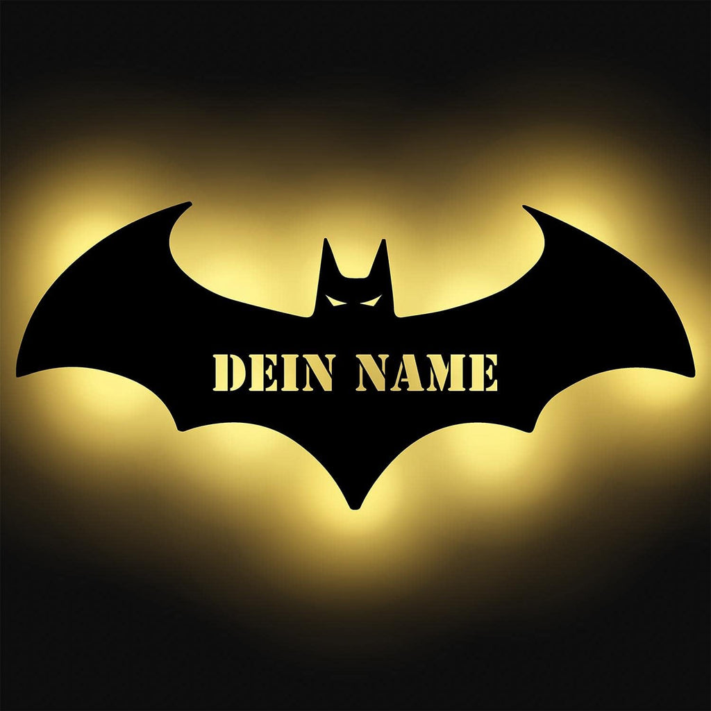 Namofactur® - LED Decorative Night Light Bat Personalized with Desired Name Laser Engraving Wall Lamp Kids' Room Living Room Gift