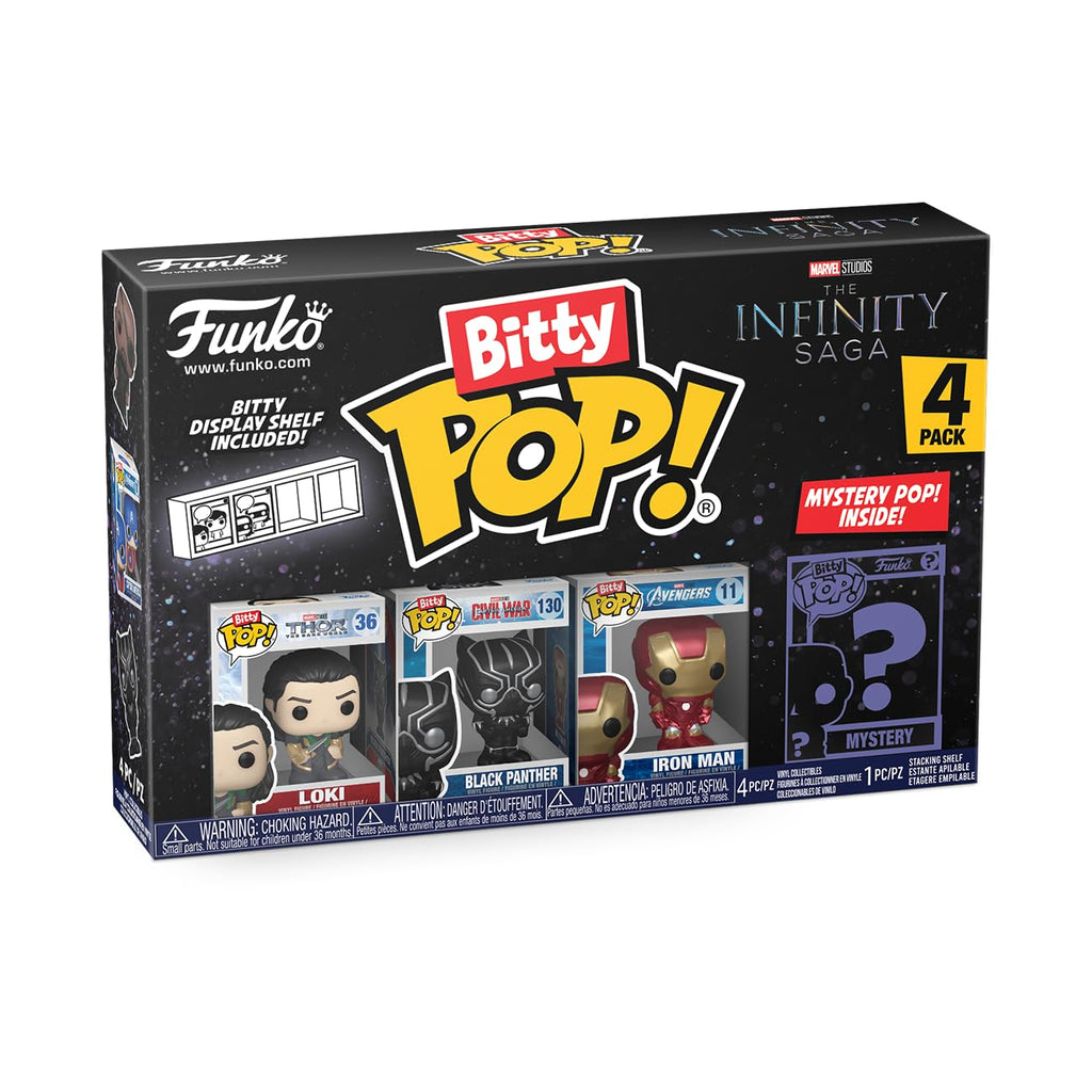Funko Bitty Pop! Marvel - Loki 4PK - Loki, Black Panther, Iron Man (VII) and a Surprise Mini-Figure - 0.9 Inch (2.2 cm) - Marvel Comics Collectible Stackable Display Shelf Included