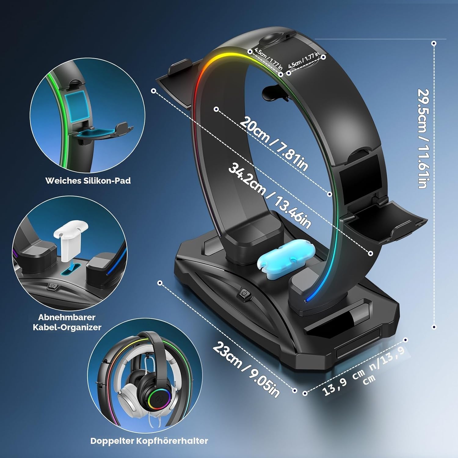 KDD Led Kopfhörer Ständer mit 9 Lichtmodi – Gaming Headset Halterung Schreibtisch – Faltbar Controller Halter mit Kabel Organizer - Headset und Controller Haltrung für Gamer PC Gaming Zubehör