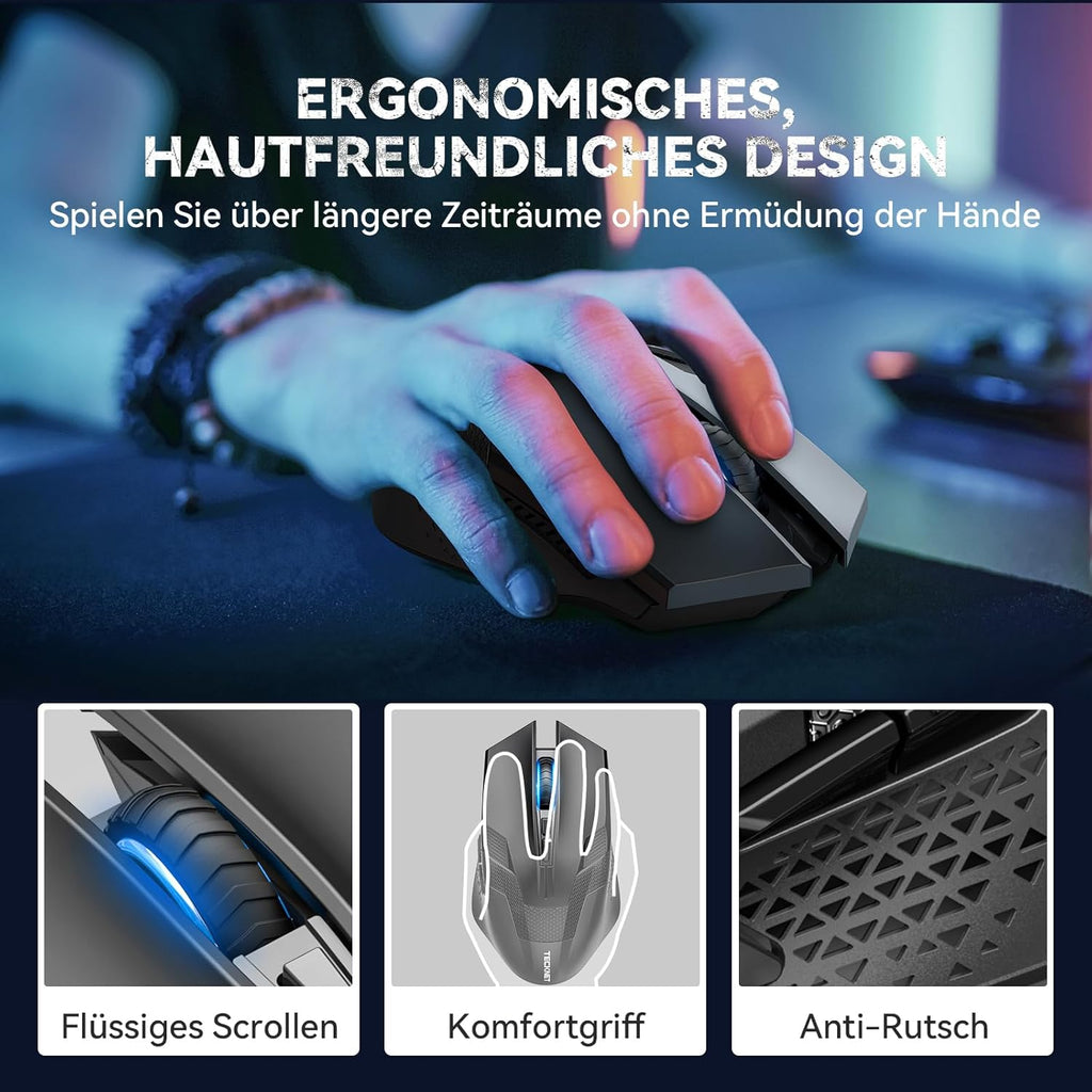 TECKNET Kabellose Gaming Maus, 2,4 GHz Wireless Mouse Gaming mit Schnellfeuertaste, 8 Tasten, 4800 DPI, 20 Millionen Klicks, Ergonomische Optische Maus für PC/Mac/Laptop