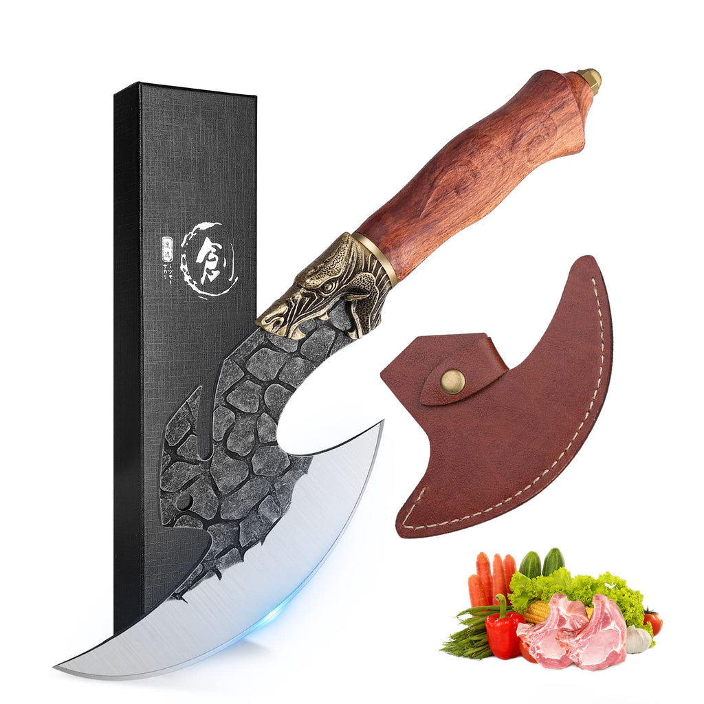 Golden Bird Original Wikinger Messer Axt Scharfes Geburtstag Tranchiermesser Pizzaschneider Ausbeinmesser Handgeschmiedetes Kochmesser Fleischmesser Grillmesser mit PU-Scheide für Camping BBQ Outdoor