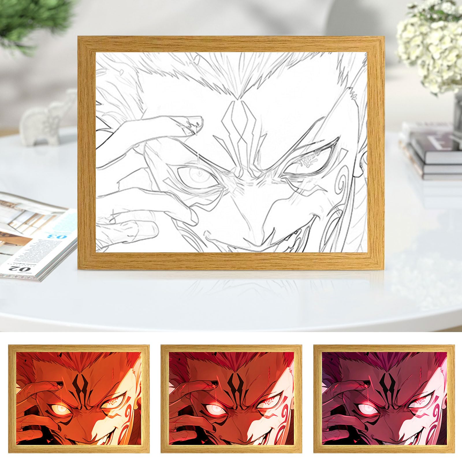 Bocguy Japanischer Anime Juju inspirierte beleuchtete Gemälde, LED Wandkunst Dekor,Jujutsu Kaisen Manga, LED Desktop-Rahmen für Heimdekoration,Kreatives Schlafzimmer und Geschenk