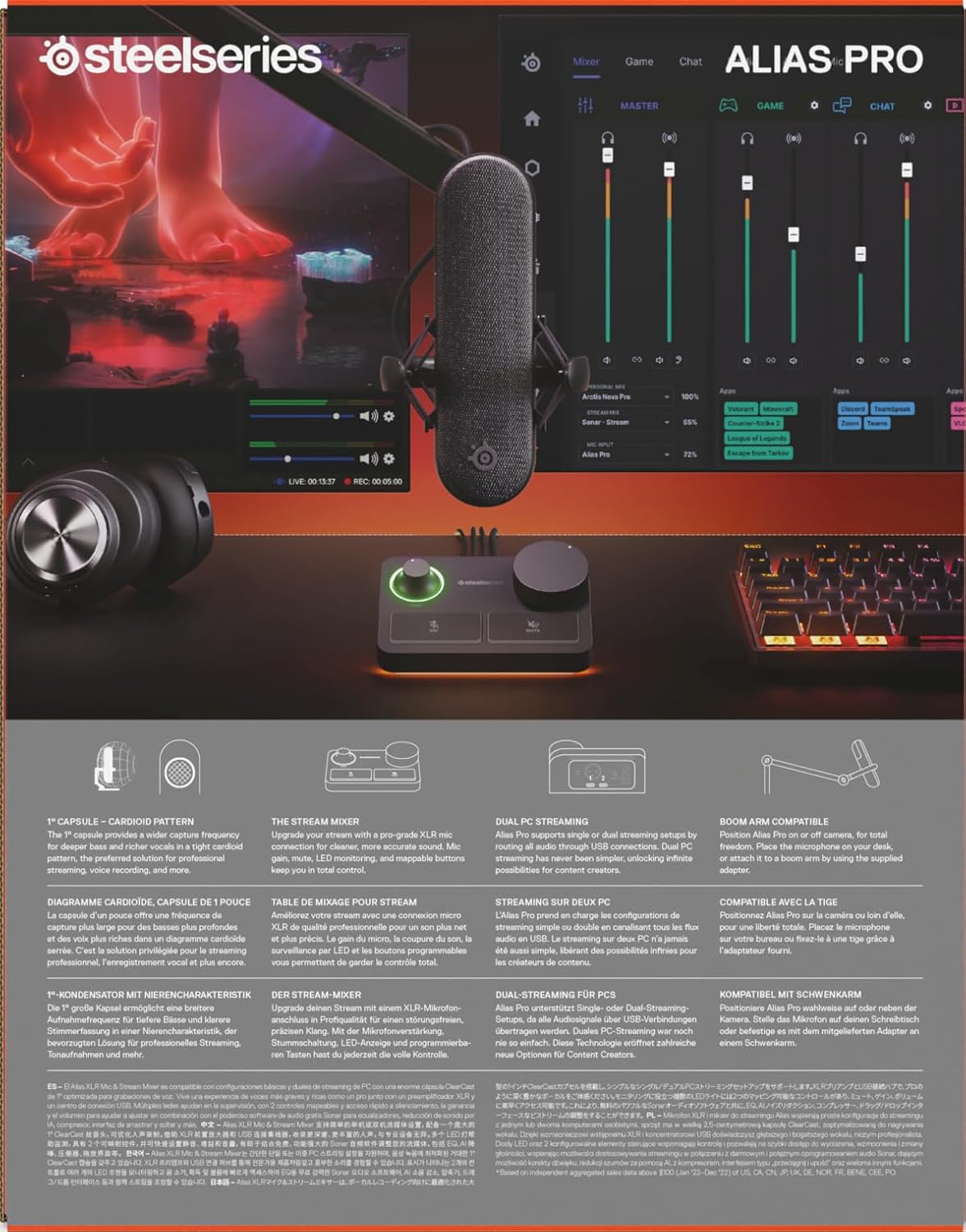 SteelSeries Alias Pro Kit – XLR-Mikrofon + Stream-Mixer – 3 Mal größere Kapsel fürs Gaming, Streaming und Podcasting – USB/XLR-Schnittstelle – Benutzerdefinierte Steuerung – RGB – Einzel- oder Dual-PC