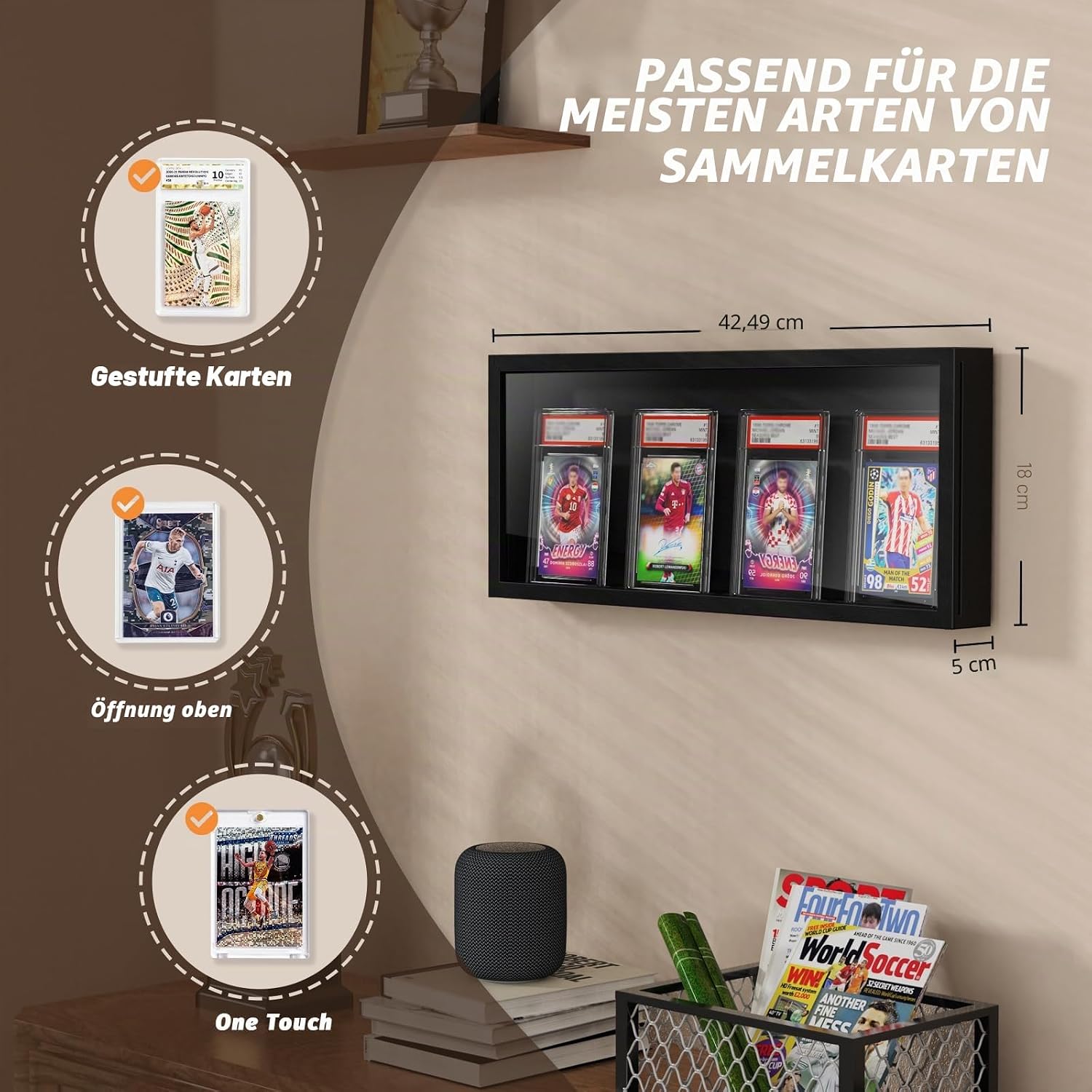 Sammelkarten Display Rahmen Wandmontage, 1er Pack Holz Sportkarten-Vitrine mit Transparent HD, Kartenrahmen Display für Sportkarten & Sammelkarten (Schwarz)