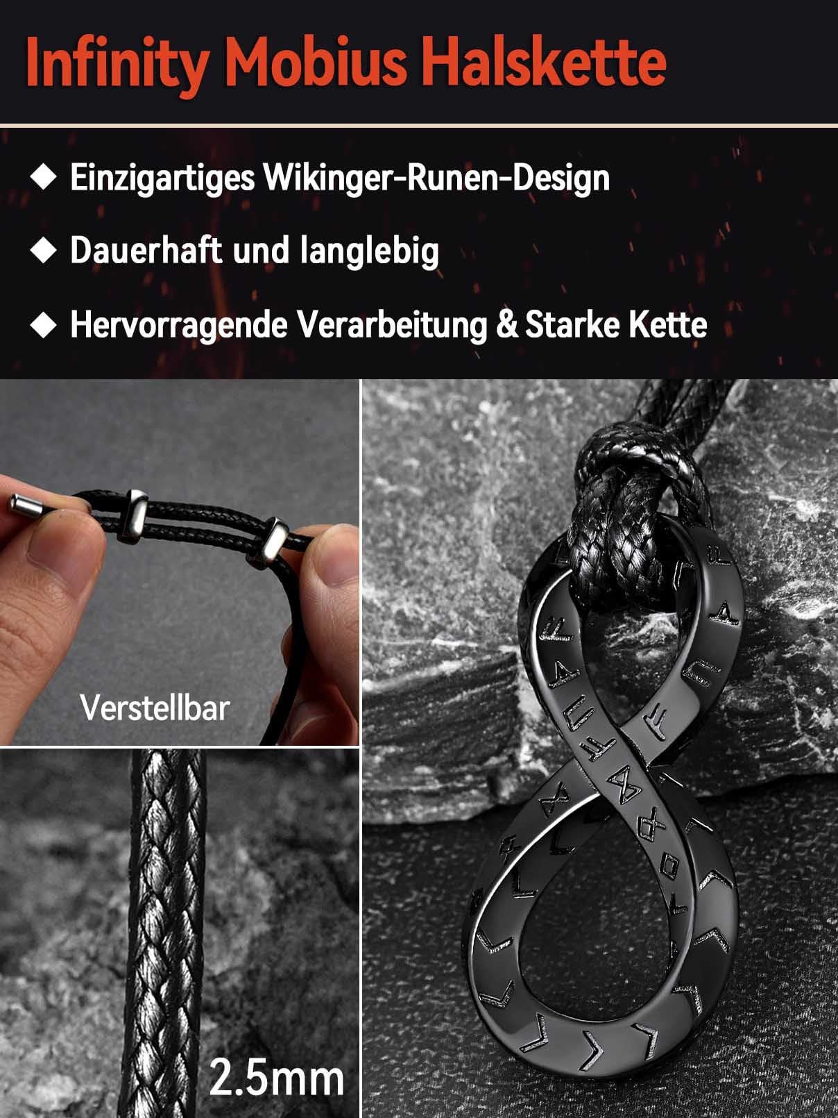 FaithHeart Lederkette Herren Damen Leder Halskette Männer Kette mit Runen Anhänger Edelstahl Lederband mit Mobius Rund/Dreieck/Unendlichkeit Kunstleder Lederhalsband verstellbar Wikinger Schmuck