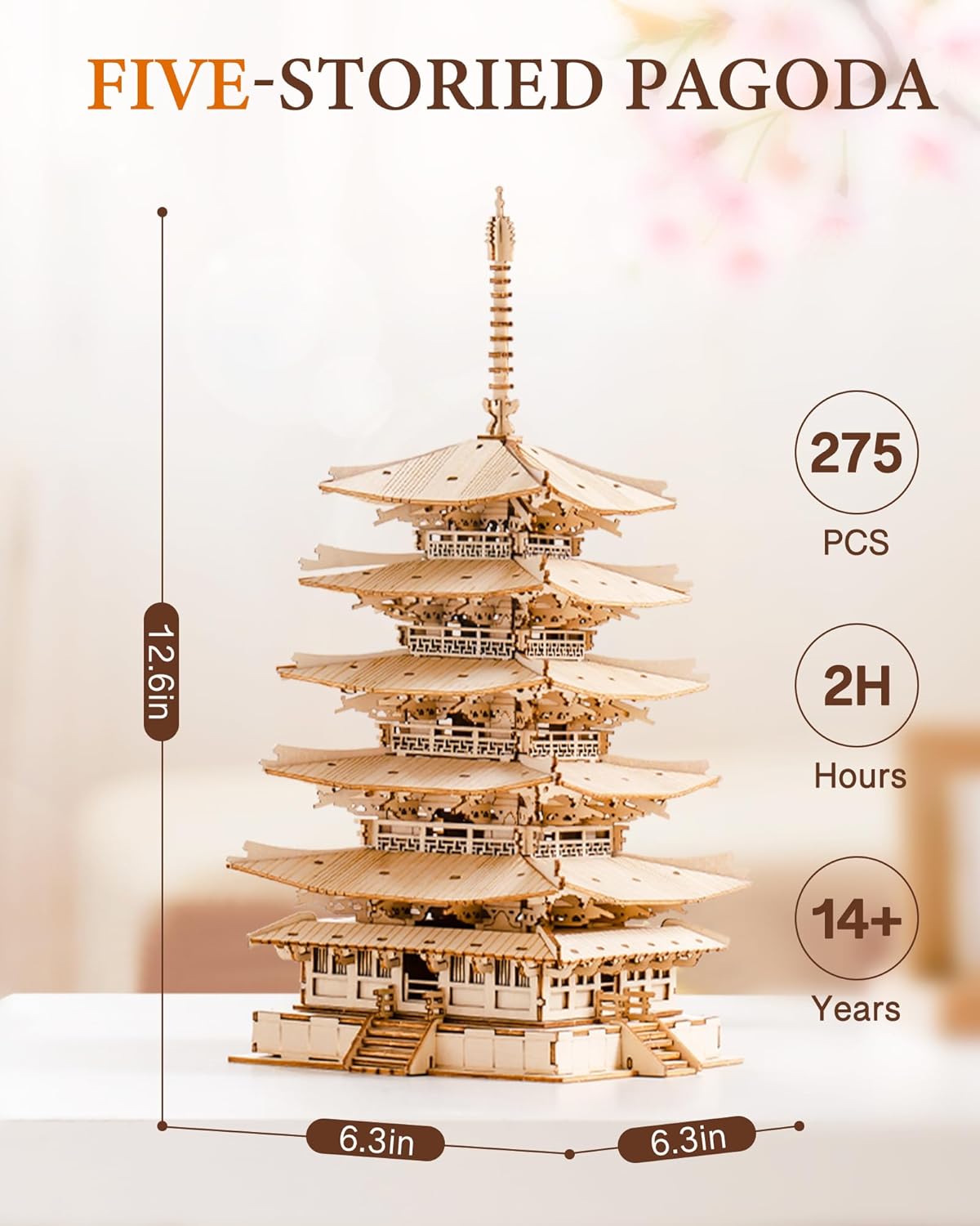 Rolife Modellbau Fünfstöckige Pagode 3D Puzzles für Erwachsene Modellbausatz Erwachsene Japanische Holz Puzzle Holzmodelle Japanische Deko Kreatives Geschenk