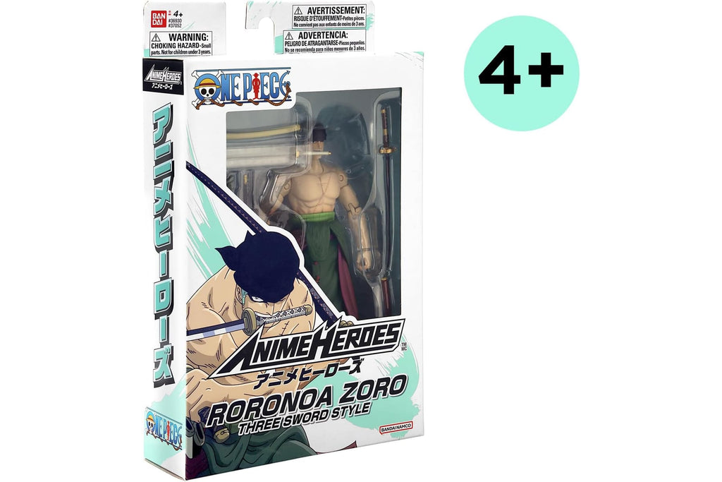 BANDAI – Anime Heroes – One Piece Figur – Lorenor Zorro 17 cm Three Sword Style – Offizielle Lizenz One Piece – Bewegliche Manga Figur Zorro 3 Schwerter – Spielzeug für Kinder ab 4 Jahren – 37052