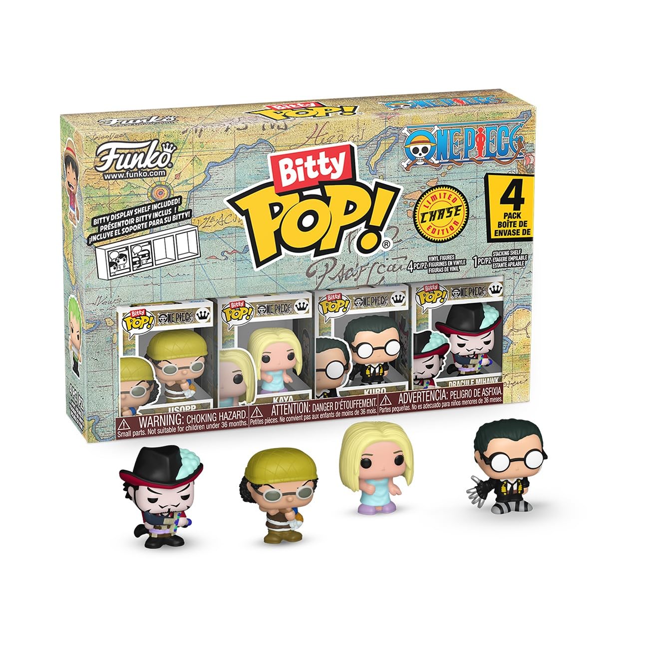 Funko Bitty POP! 4 Pack: One Piece - Usopp, Kaya, Kuro, Mystery Mini Figure - 1 in 6 Chance of Receiving the Rare Chase Variant - Styles May Vary - 0.9 Inch (2.2 cm) Collectible - Gift Idea | 1 in 6 Chance of Rare Chase Variant, Styles May Vary