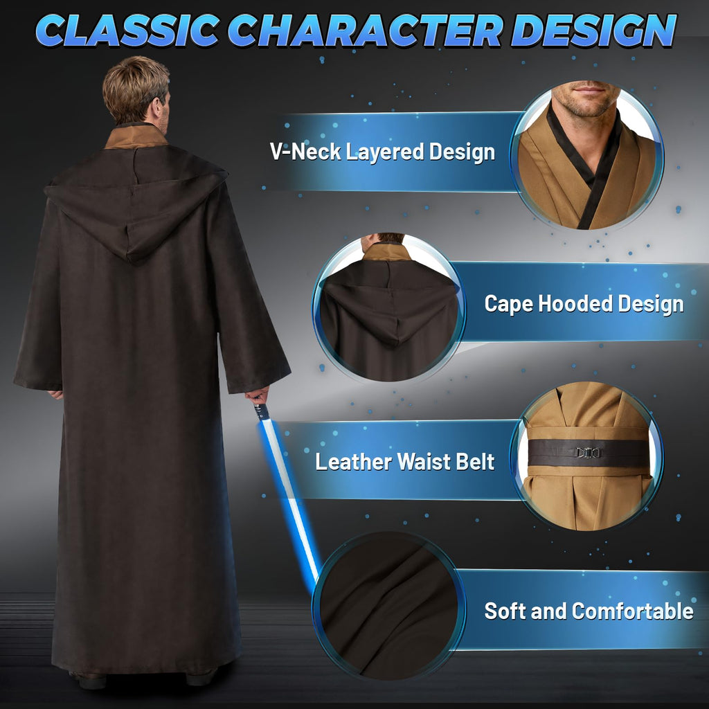 jedi-Kostüm Herren, jedi-Robe Herren Set jedis-Outfit Erwachsene jedis-Kleidung Erwachsene mit Blau Lightsaber, Kapuzenumhang und Mittelalter Tunika für Halloween, Karneval