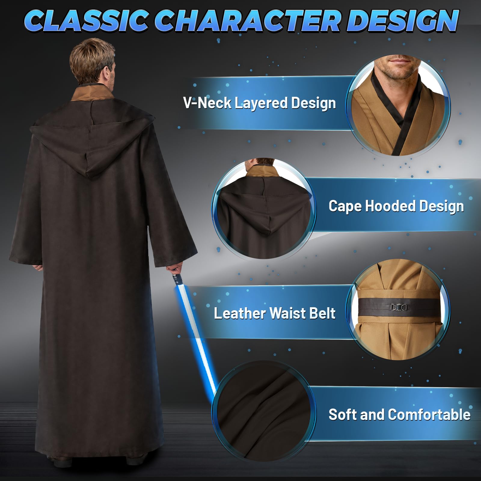 jedi-Kostüm Herren, jedi-Robe Herren Set jedis-Outfit Erwachsene jedis-Kleidung Erwachsene mit Blau Lightsaber, Kapuzenumhang und Mittelalter Tunika für Halloween, Karneval