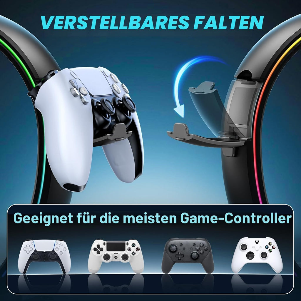 KDD Led Kopfhörer Ständer mit 9 Lichtmodi – Gaming Headset Halterung Schreibtisch – Faltbar Controller Halter mit Kabel Organizer - Headset und Controller Haltrung für Gamer PC Gaming Zubehör