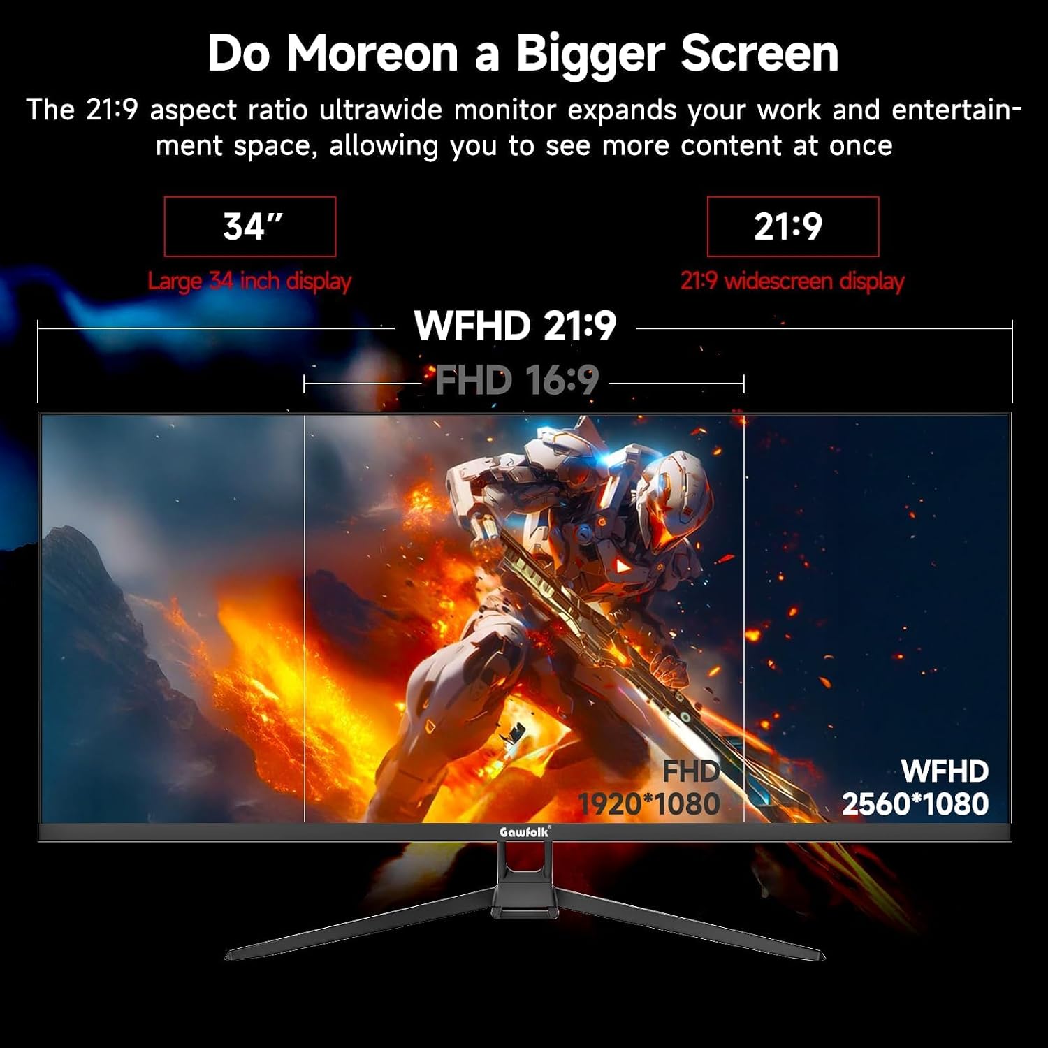 Gawfolk UltraWide Monitor 34 Zoll IPS, Gaming PC Bildschirm 120Hz DFHD(2560×1080P), 21:9 Rahmenloses Computerbildschirm mit FreeSync, HDMI, DisplayPort, VESA 75 * 75mm, Schwarz