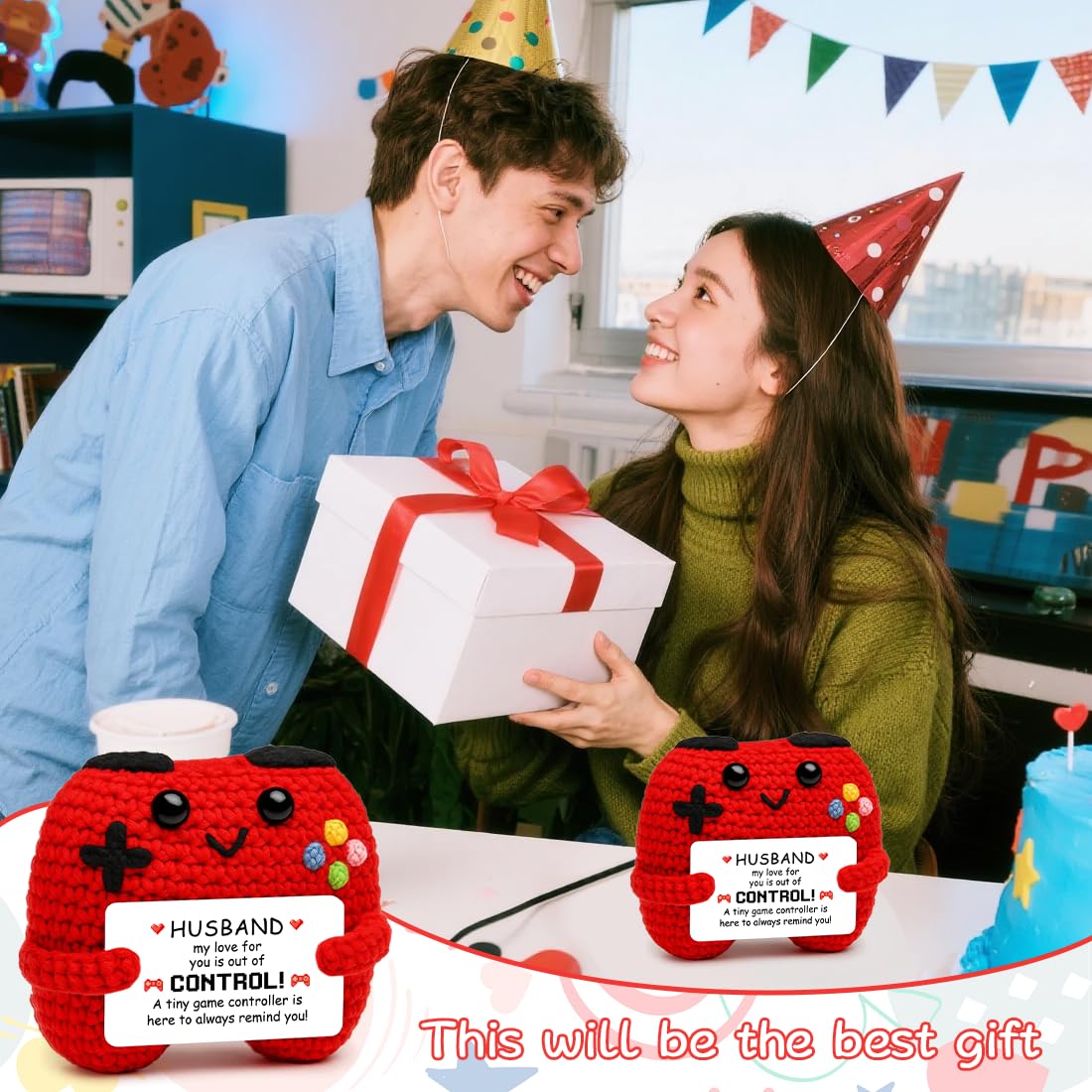 HUKUMA Gehäkelter Gamecontroller, EIN Gamer altert Nicht er levelt, Geschenk zum Geburtstag für Zocker, Pocket Hug Positive Plüsch,Lustige Kleines Geburtstagsgeschenk für Jungen, Nerds und Mädchen