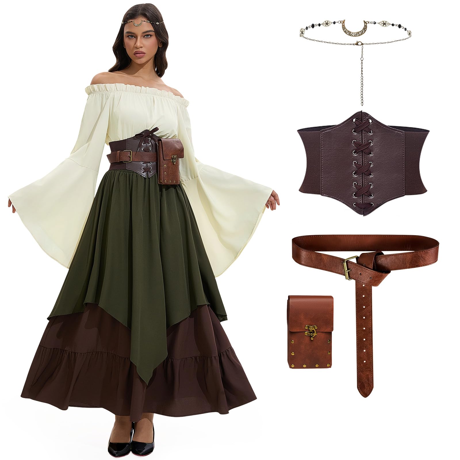 Mittelalter Kleidung Damen, Renaissance Kleid Damen und Off Shoulder Bluse mit Corsett, Gürteltasche, Kopfschmuck, Gürtel, Viktorianisches Kostüm für Halloween Karneval