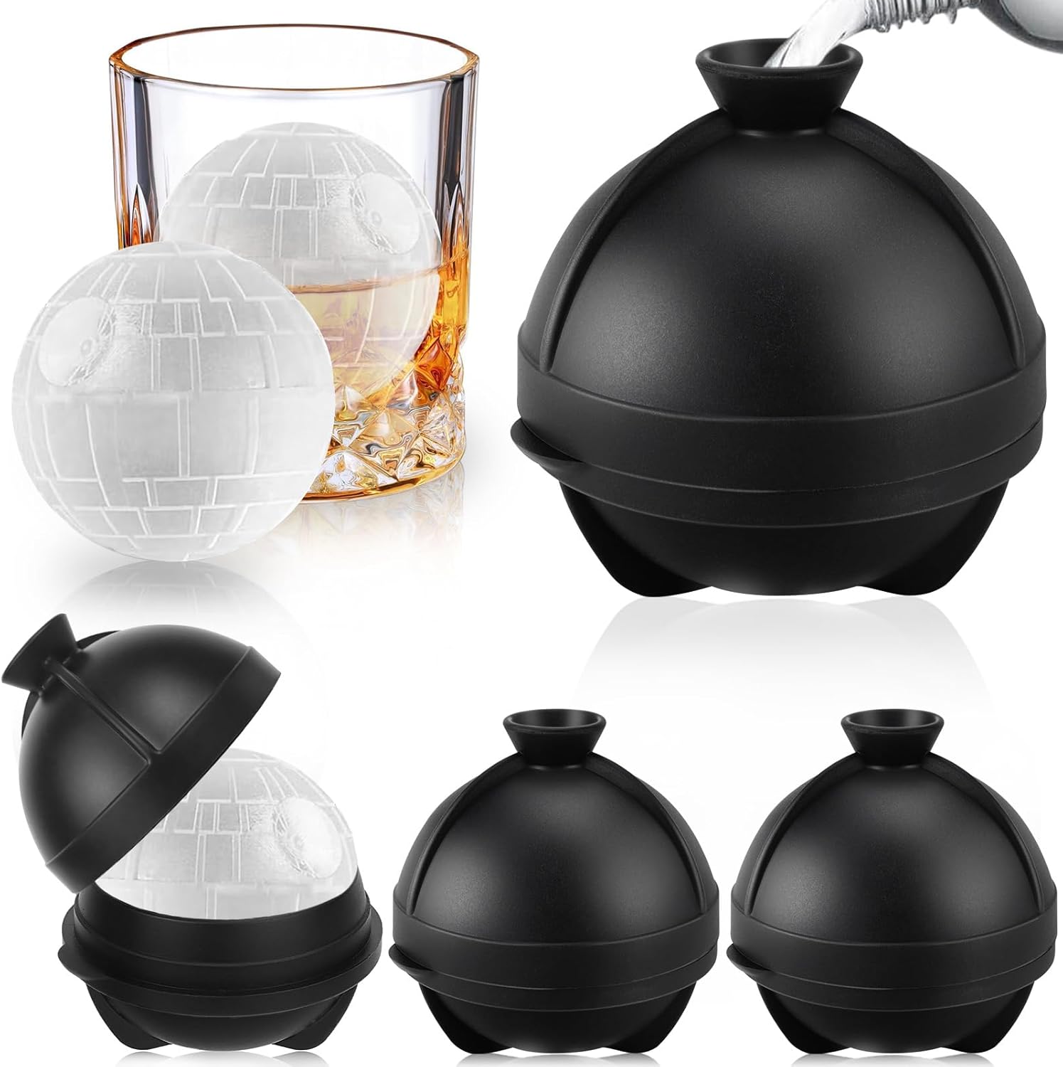 Eiswürfelform Kugel Silikon Set, 4 XXL Groß Eiskugelform mit Deckel & Trichter, Star Wars Wiederverwendbar Eiswürfelformen Rund, BPA Frei Eiswürfel Form Eiswürfelbehälter für Bier Cocktail Whisky Wein
