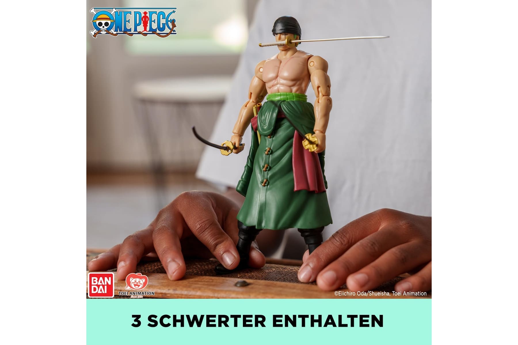 BANDAI – Anime Heroes – One Piece Figur – Lorenor Zorro 17 cm Three Sword Style – Offizielle Lizenz One Piece – Bewegliche Manga Figur Zorro 3 Schwerter – Spielzeug für Kinder ab 4 Jahren – 37052