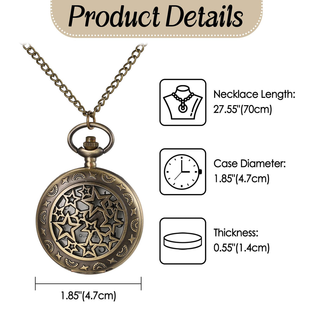 JewelryWe Taschenuhr Herren Damen Vintage: Retro Analog Quarz Kettenuhr Uhr Umhängeuhr mit Halskette Kette Pocket Watch Bronze Unisex Geschenk
