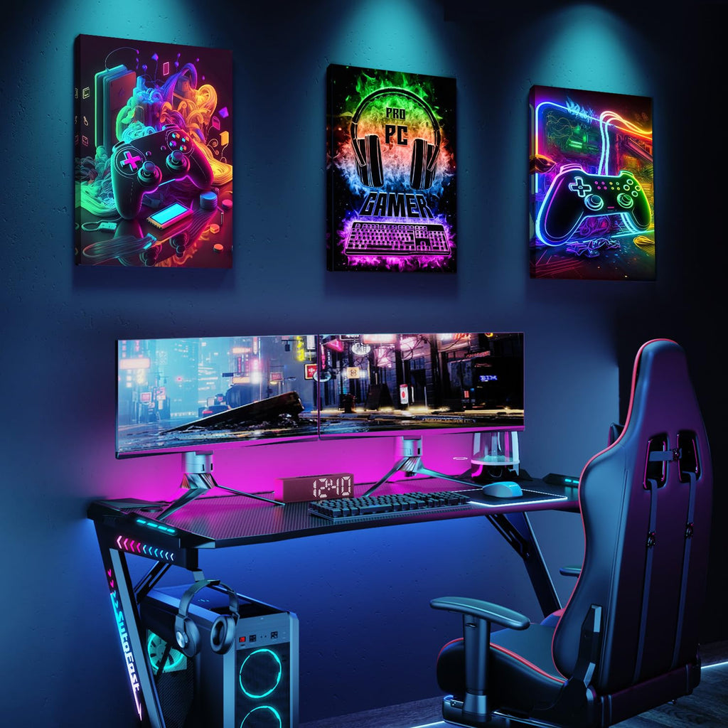 Dazzlewall 3Pcs Spiel WandBilder Cool Neon Gaming Bilder für Teen Jungen Zimmer Schlafsaal Spiel Zimmer Dekor 30×40 cm Ungerahmt