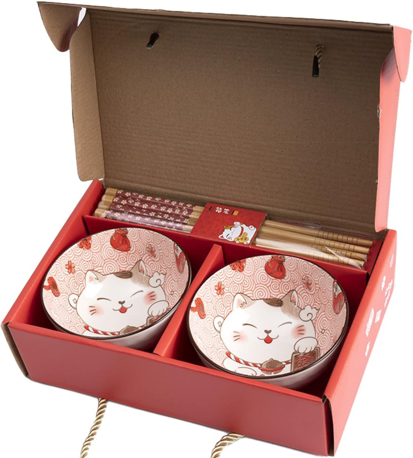 Lachineuse - 2er Set Maneki Neko-Schalen – Müslischalen, Reisschüsseln, Suppenschalen – Japanisches Geschirr aus Porzellan – Geschenckset mit Essstäbchen – Katze Glücksbringer – Japan China Kawai Deko