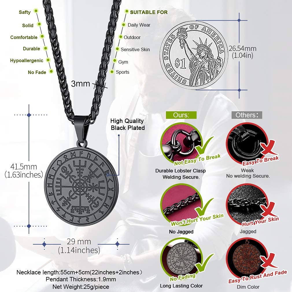 FaithHeart Wikingerhalskette für Herren, Vegvisir-Kompass, Edelstahl, Kette 55 + 5 cm, nordischer Mythologie-Schmuck
