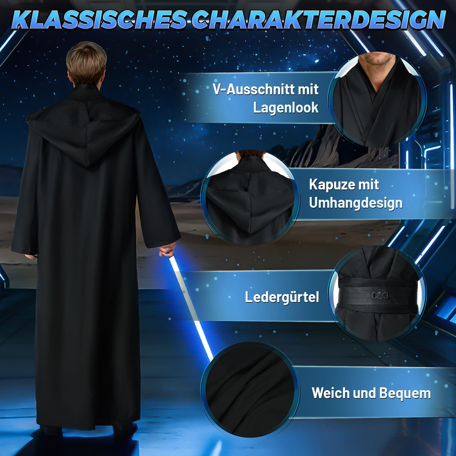 jedi-Kostüm Herren, jedi-Robe Herren Set jedis-Outfit Erwachsene jedis-Kleidung Erwachsene mit Blau Lightsaber, Kapuzenumhang und Mittelalter Tunika für Halloween, Karneval