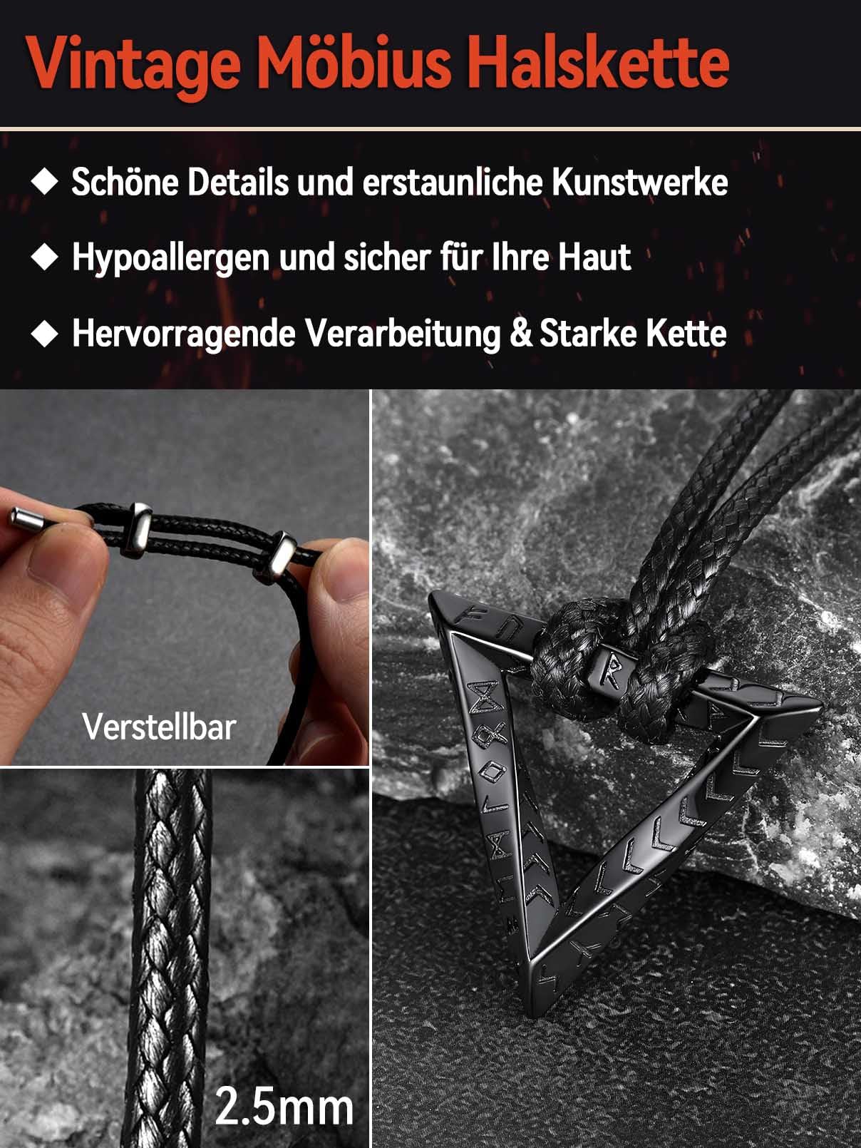 FaithHeart Lederkette Herren Damen Leder Halskette Männer Kette mit Runen Anhänger Edelstahl Lederband mit Mobius Rund/Dreieck/Unendlichkeit Kunstleder Lederhalsband verstellbar Wikinger Schmuck